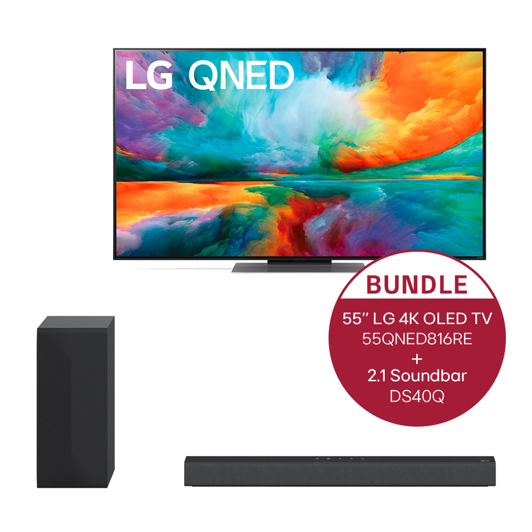 LG 55" LG 4K QNED TV QNED81 + 2.1 Soundbar mit 300 Watt | kabelloser Subwoofer, 55QNED816RE.DS40Q