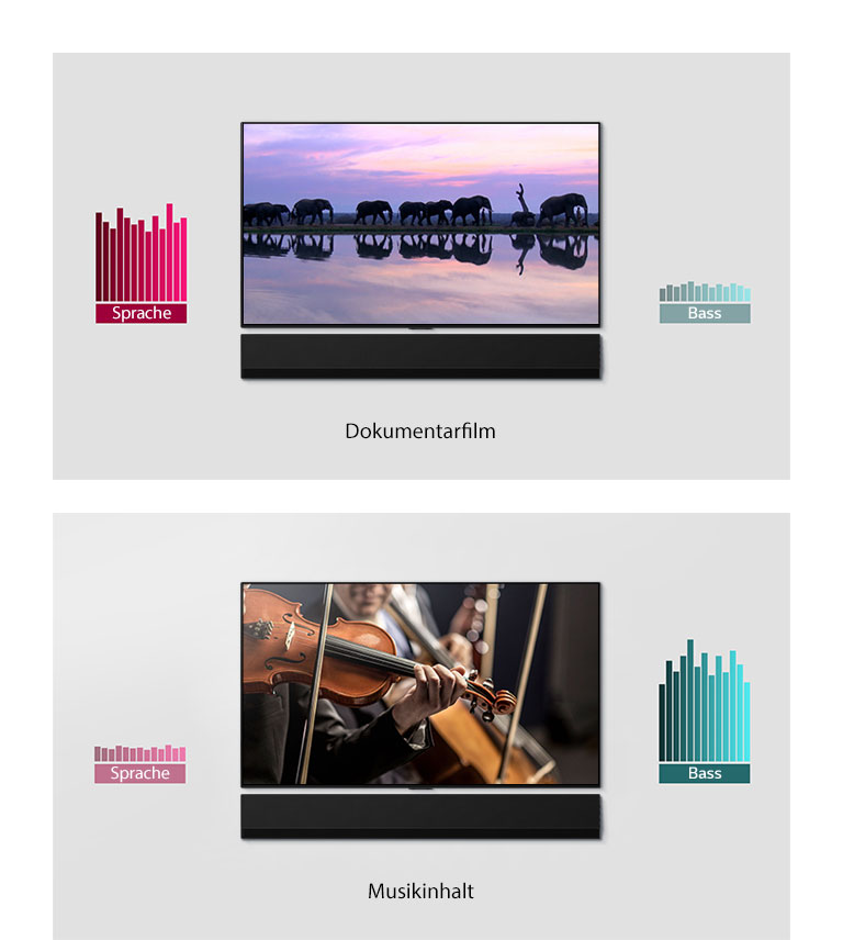 Zwei Bilder nebeneinander, auf denen wandmontierte Fernseher und Sound Bars zu sehen sind. Der eine TV zeigt Elefanten, auf dem anderen spielt ein Orchester. Neben den Fernsehern befinden sich je zwei Diagramme.