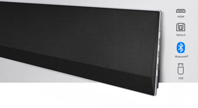 Eine leicht schräge Nahaufnahme der rechten Seite der LG Soundbar. Konnektivitätssymbole werden rechts vom Produkt angezeigt.