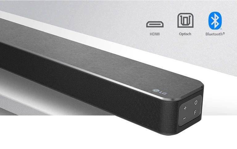 Nahansicht der rechten Seite der LG Sound Bar mit LG-Logo unten rechts. Über dem Produkt dargestellte Konnektivitätssymbole.