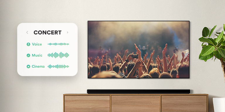 An der Wand befestigter TV. Der TV zeigt Menschen, die bei einem Konzert klatschen, anschließend wird zuerst zu einer Filmszene mit einem fahrenden Auto in einem Wald umgeschaltet und dann zu den Nachrichten. Die LG Soundbar steht direkt unter dem TV auf einem beigefarbenen Regal (Video abspielen).