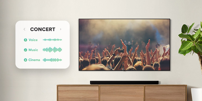 An der Wand befestigter TV. Der TV zeigt Menschen, die bei einem Konzert klatschen, anschließend wird zuerst zu einer Filmszene mit einem fahrenden Auto in einem Wald umgeschaltet und dann zu den Nachrichten. Die LG Soundbar steht direkt unter dem TV auf einem beigefarbenen Regal (Video abspielen).