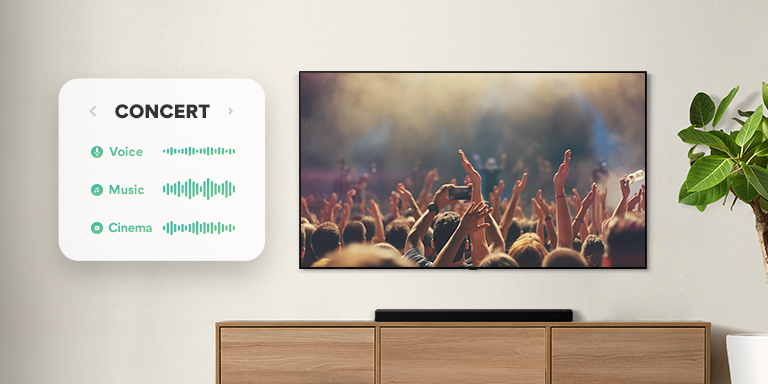 An der Wand befestigter TV. Der TV zeigt Menschen, die bei einem Konzert klatschen, anschließend wird zuerst zu einer Filmszene mit einem fahrenden Auto in einem Wald umgeschaltet und dann zu den Nachrichten. Die LG Soundbar steht direkt unter dem TV auf einem beigefarbenen Regal (Video abspielen).