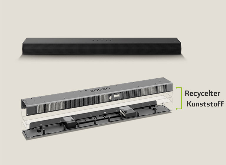 Es gibt eine Frontalperspektive der Soundbar von hinten und eine Abbildung des Metallrahmens der Soundbar von vorne. Ein schräger Blick auf die Rückseite des Metallrahmens der Soundbar mit der Aufschrift „Recycelter Kunststoff“ an der Kante des Rahmens.