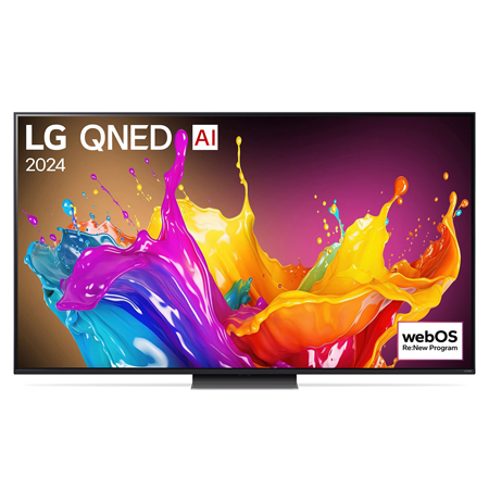 Ansicht der Vorderseite des LG QNED TV, QNED86 mit Text LG QNED und 2024 auf dem Bildschirm