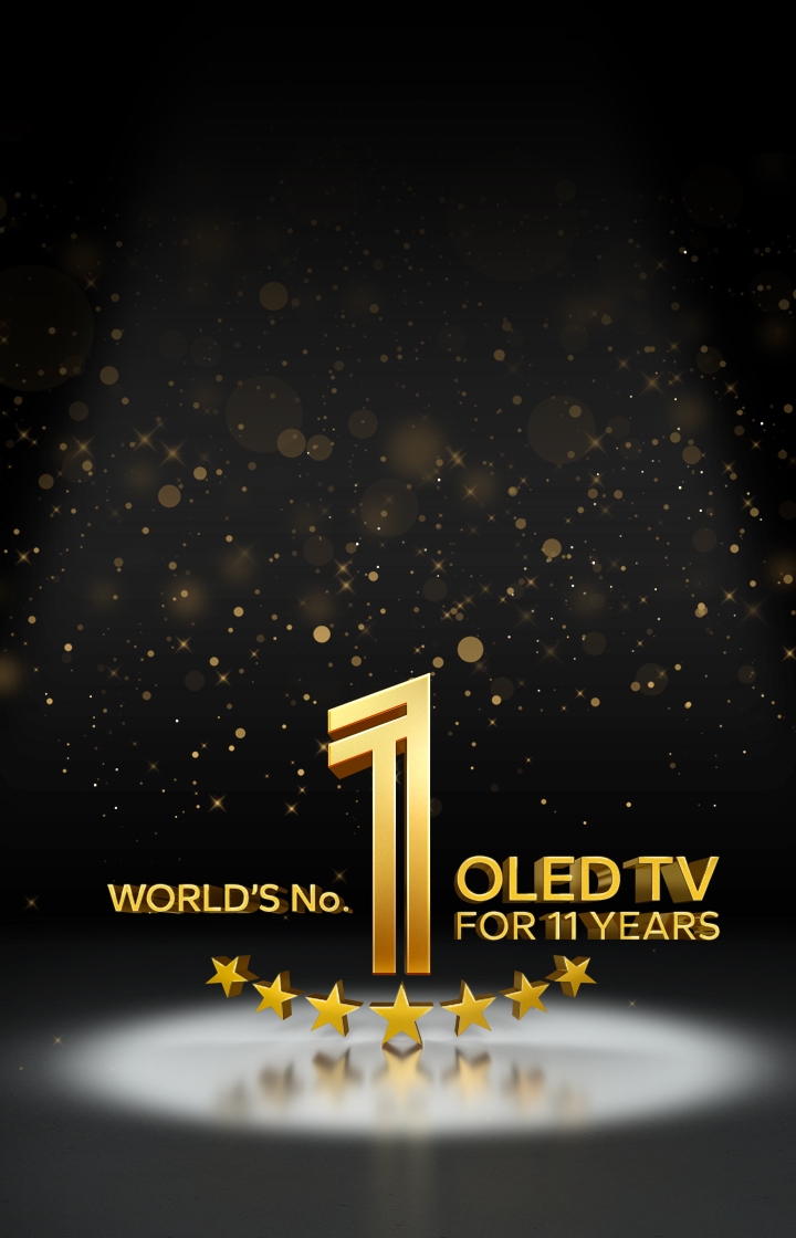 Ein goldenes Emblem der weltweiten Nummer 1 unter den OLED TVs seit 11 Jahren vor einem schwarzen Hintergrund. Ein Lichtstrahl leuchtet auf das Emblem, und goldene abstrakte Sterne füllen den Himmel darüber.	