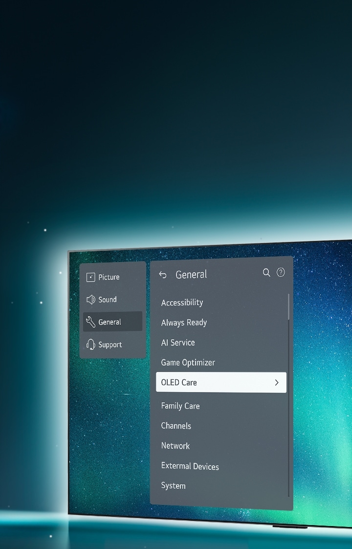 OLED TV steht auf der rechten Seite des Bildes. Das Support-Menü wird auf dem Bildschirm angezeigt und das Menü OLED Care ist ausgewählt.	