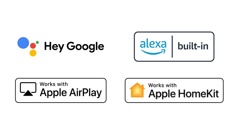 Details mit den Logos von Hey Google, alexa, Apple Airplay und Apple HomeKit, mit denen ThinQ AI kompatibel ist.