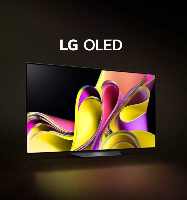 Ein Video beginnt mit den Worten LG OLED evo vor einem schwarzen Hintergrund. Der Schriftzug vergrößert sich und füllt sich mit Farbe. Dann wechselt die Szene zum LG OLED evo TV C3 und zeigt ein farbenfrohes abstraktes Kunstwerk mit einer Soundbar vor einem weißen Hintergrund. Der weiße Hintergrund wird zu einer Wand in einem Raum, an der das Fernsehgerät befestigt ist.