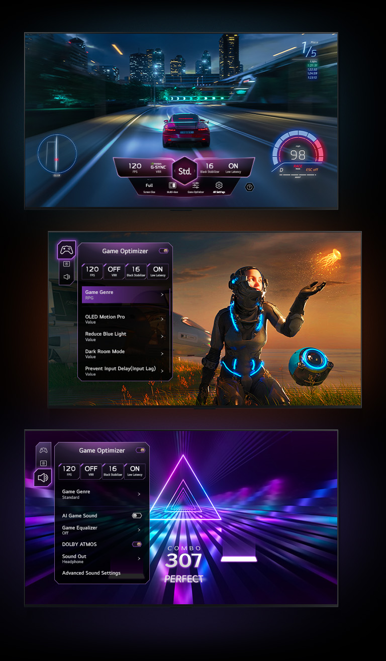 Drei Spielbildschirme werden auf schwarzem Hintergrund mit Farbverlauf angezeigt. Einer zeigt ein Autorennspiel mit dem Game-Dashboard an, das über der Aktion schwebt. Ein weiterer zeigt ein Science-Fiction-Spiel mit dem Game-Optimizer-Menü an. Und der letzte Bildschirm zeigt den Game Tab mit dem Game Optimizer über einem Musikspiel an.