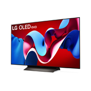 Leicht geneigte, nach links gerichtete Seitenansicht des LG OLED evo TV C4