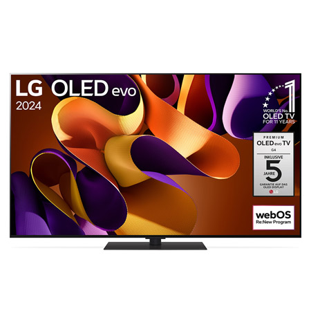 Front view with LG OLED evo TV, OLED G4, 11 Years of world number 1 OLED Emblem, and 5-Year Panel Warranty logo on screen