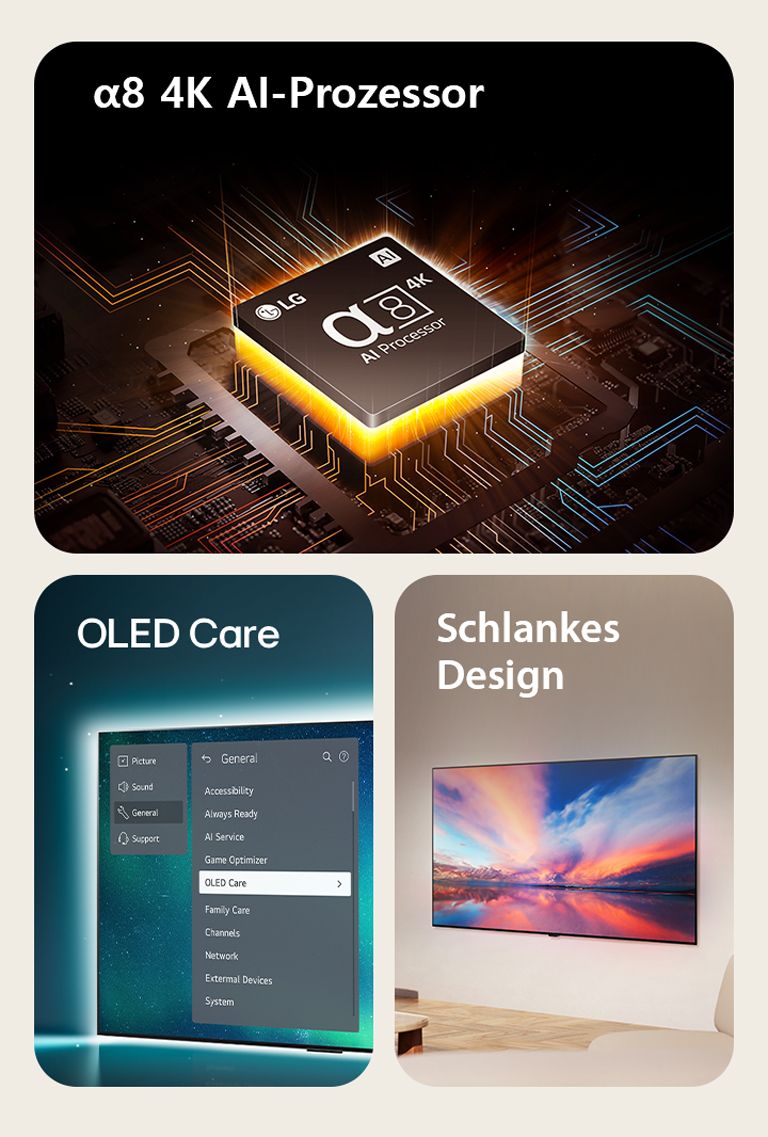 Der alpha 8 4K AI-Prozessor von LG auf einem Motherboard, der orangefarbene Lichtblitze aussended.  Ein OLED TV, OLED Care ist im Support-Menü ausgewählt, welches auf dem Bildschirm angezeigt wird.  Das schlanke Design in einer Seitenansicht, wie es in einem modernen Wohnbereich flach an die Wand gehängt wird.