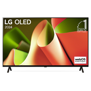 Frontansicht des LG OLED TV B4, 11 Jahre Nummer 1 Logo und webOS Re:New Programm-Logo auf dem Bildschirm mit 2-poligem Standfuß 		