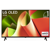 Frontansicht des LG OLED TV B4, 11 Jahre Nummer 1 Logo und webOS Re:New Programm-Logo auf dem Bildschirm mit 2-poligem Standfuß