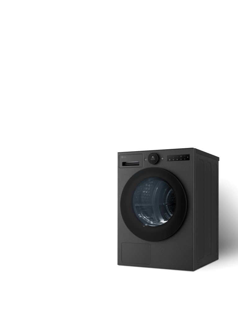 An LG dryer of matte black on the right side of the image, softly illuminated against a dark background.