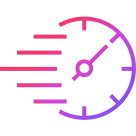 An icon of a speedometer in pink and purple tones symbolizing fast drying technology.