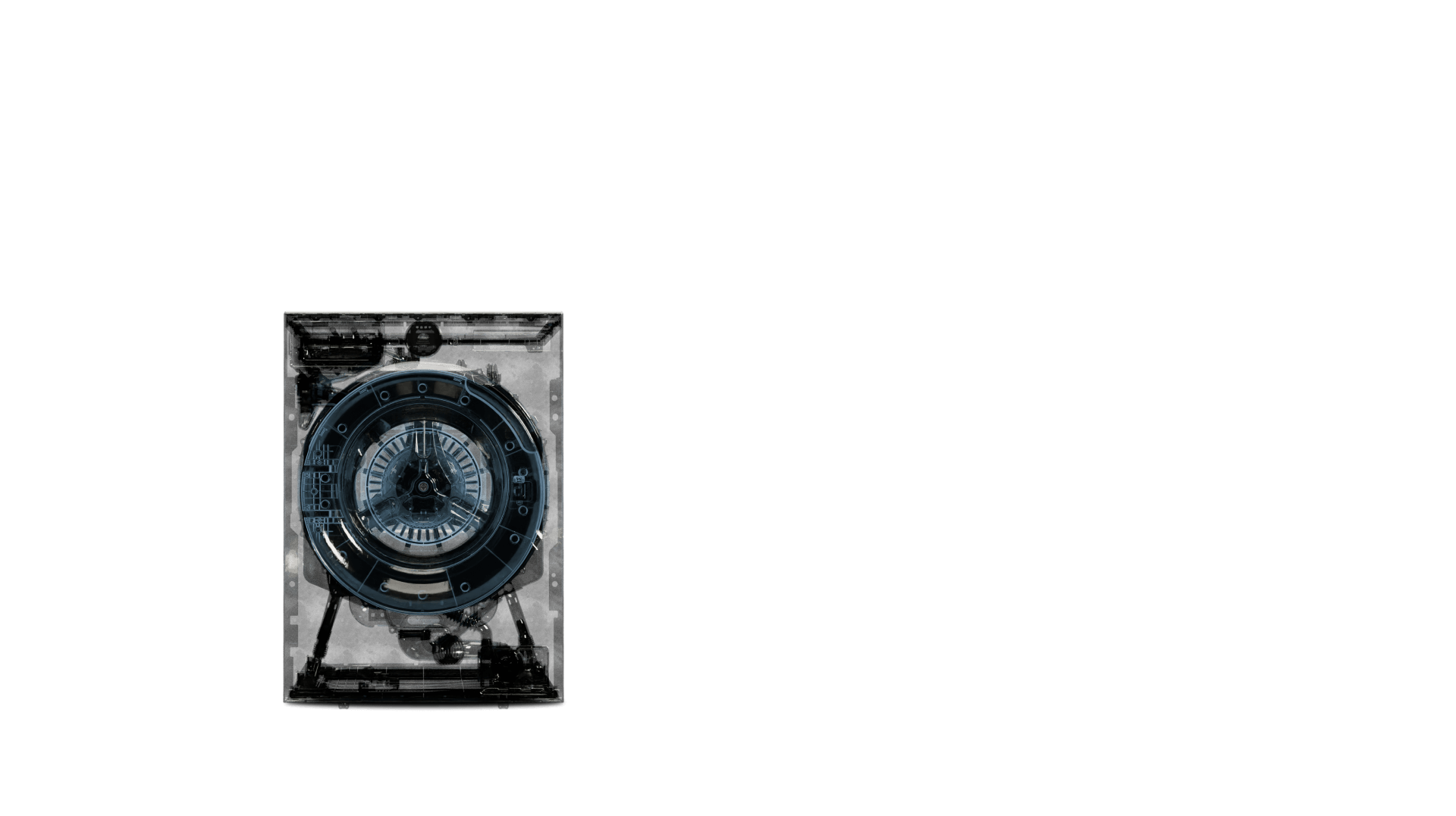 An LG washing machine on the left side, softly illuminated, reveals its internal components through a transparent exterior, showcasing AI DD(Direct Drive).