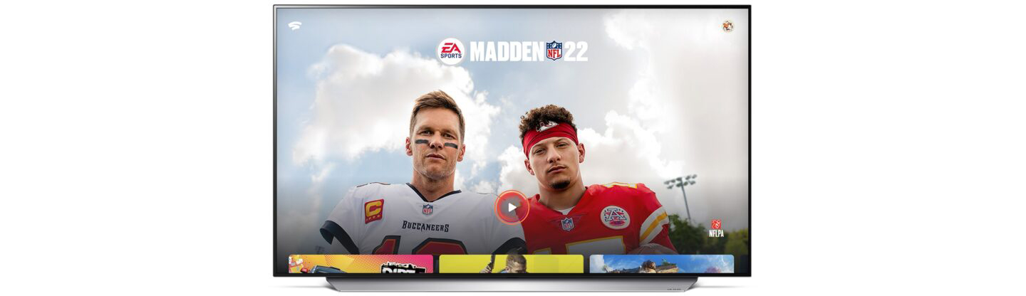 An LG TV displaying video game Madden NFL 22 which is available to play on Google Stadia via LG's cutting-edge smart TVs.