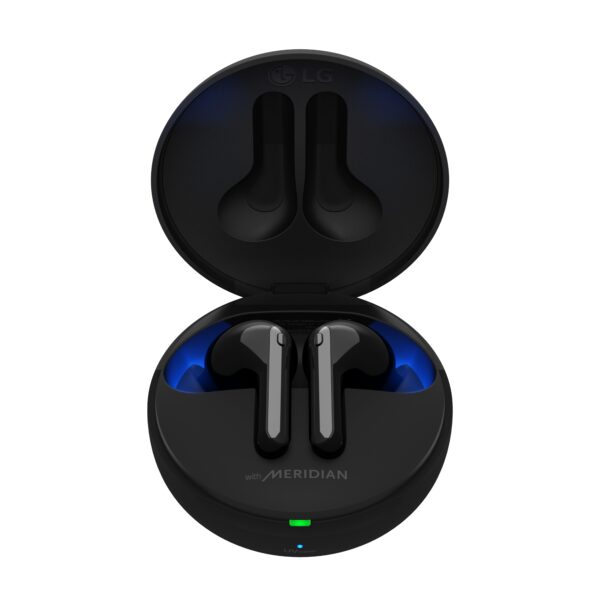 A pair of TONE Free FN7 earbuds in Stylish Black sitting inside its UVnano Charging case, which is emitting a blue light from the top of the case informing charging level and UV nano status