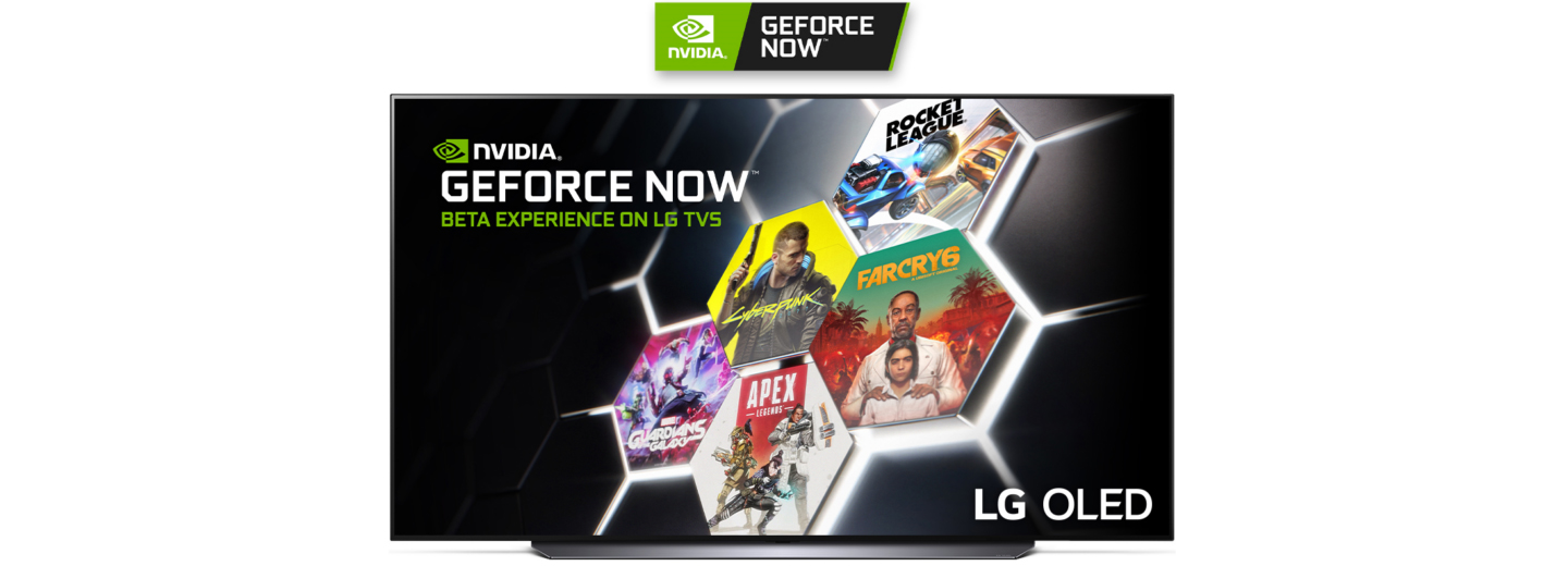 LG OLED TV displaying 5 hit video games available to play with NVIDIA GeForce NOW