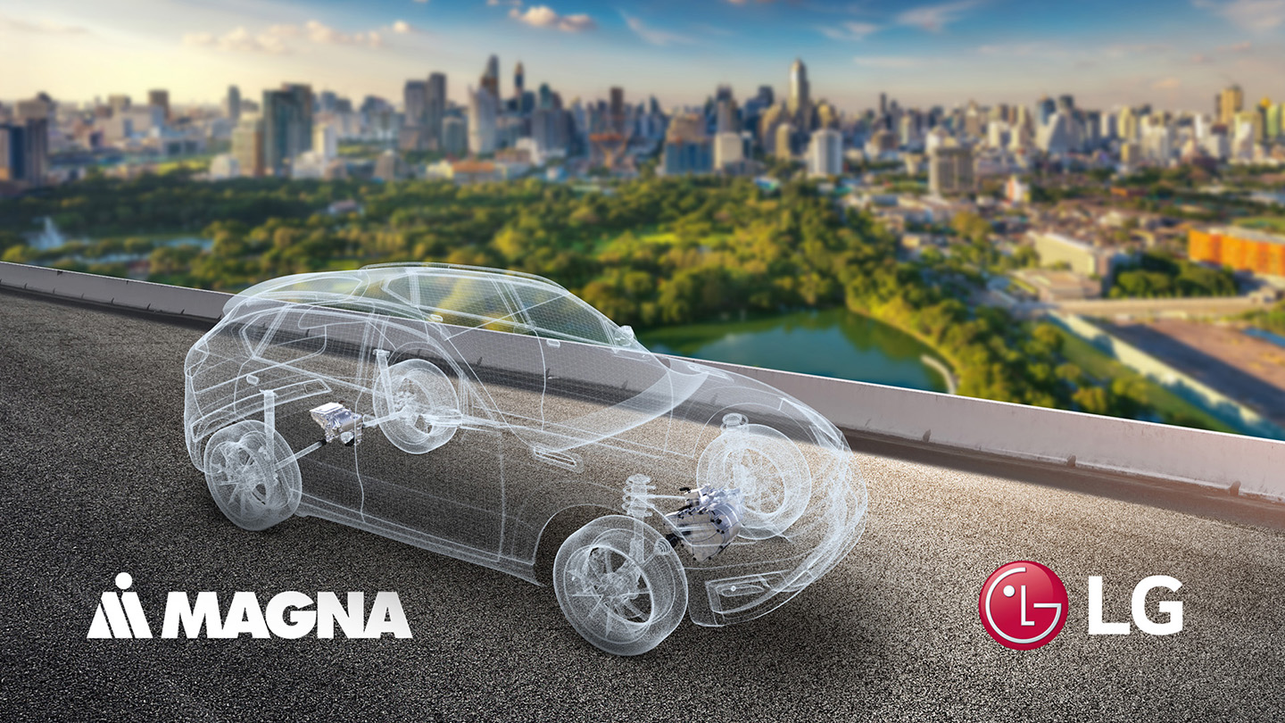 Illustration of a see-through electric vehicle cruising past the city skyline of Chongqing during the day, with the logos of LG and Magna below