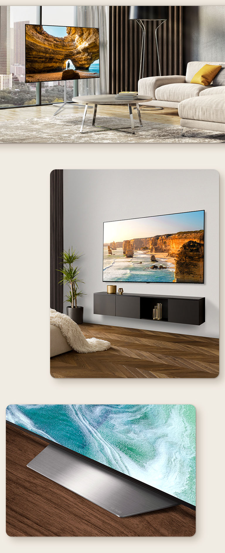 Изображение LG OLED B3 с напольной подставкой перед окном, из которого открывается вид на город. LG OLED B3 на стене современной комнаты. Нижний угол подставки LG OLED B3