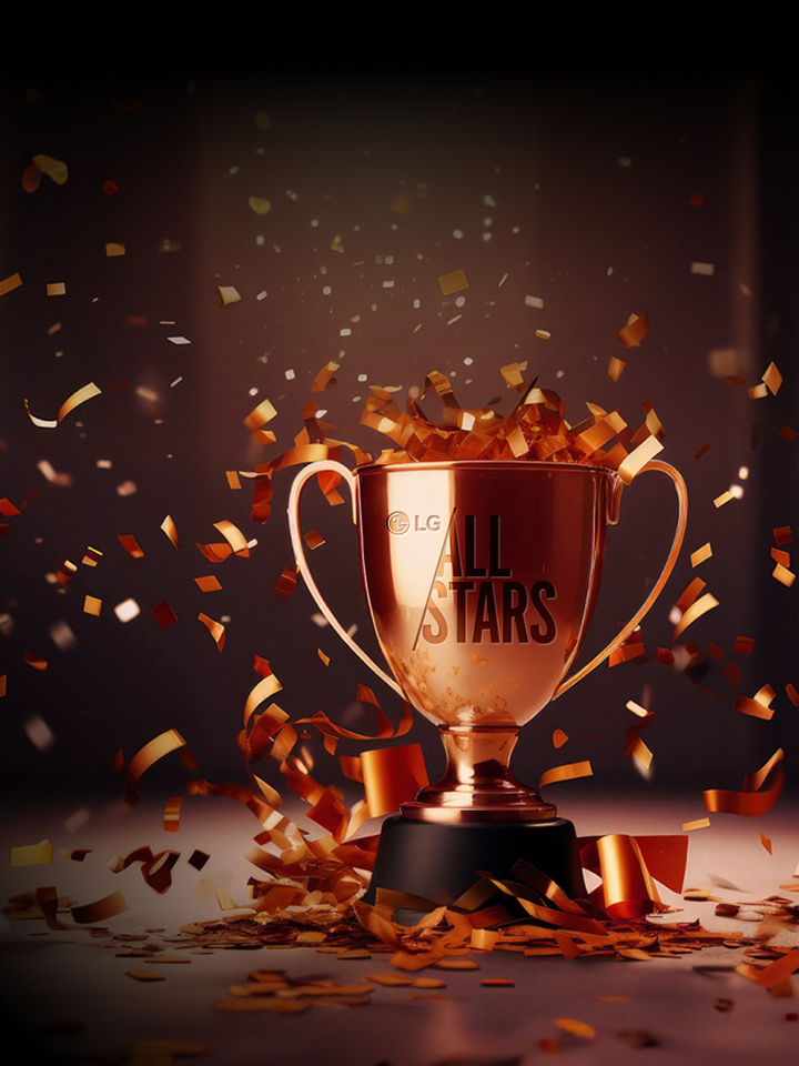 There is a golden trophy engraved with LG All Stars, and firecrackers exploded around it. Existe um troféu de ouro com LG All Stars e fogo de artifício vai explodir.