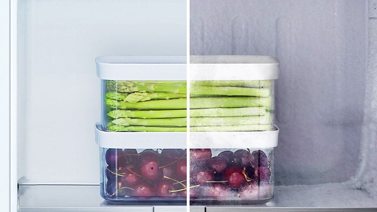 Congelador sem gelo. Há um contentor de pratos laterais no frigorífico, o lado esquerdo é o interior sem gelo, e o lado direito é o interior com gelo.