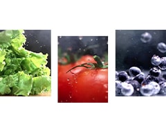 Vegetais, fruta e bolhas de ar são visíveis no espaço dividido em três quadrados