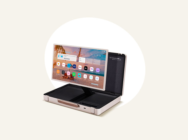 A gif of the product preview. Five images pop up in order; from left, a diagonal view of LG StanbyME Go with the home screen is shown horizontally, a folded image of the product that looks like a carry bag, the screen is oriented vertically with surfing beach wallpaper, front view of the folded product to show a strap, and the table mode of the LG StanbyME Go with the turntable music skin is on.