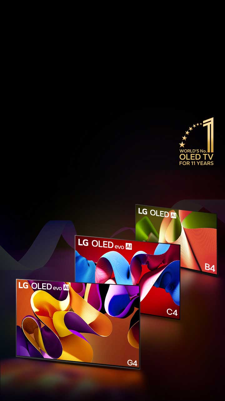 พีซี: LG OLED evo G4, LG OLED evo C4 และ LG OLED B4 วางคู่กัน โดยแต่ละจอแสดงผลงานศิลปะนามธรรมที่มีสีต่างกันบนหน้าจอ แสงทอดจากทีวีแต่ละเครื่องลงสู่พื้นด้านล่าง สัญลักษณ์ทองคำของ OLED TV อันดับ 1 ของโลกในรอบ 11 ปีที่มุมขวาบน ในทางกลับกัน รูปภาพเดียวกันของ LG OLED evo G4, LG OLED evo C4 และ LG OLED B4 จะแสดงเรียงกันในอุปกรณ์เคลื่อนที่ 