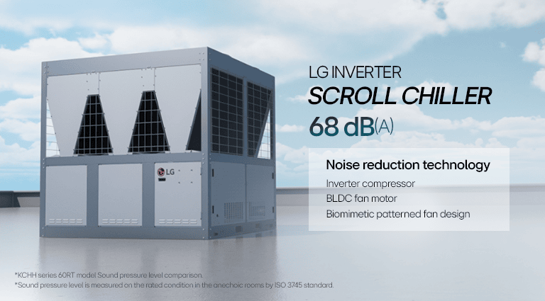 "Chiller แบบสกรอลล์อินเวอร์เตอร์ยี่ห้อ LG ที่ติดตั้งอยู่บนหลังคาอาคาร "