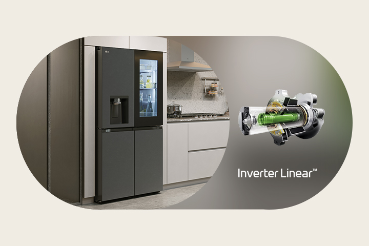  ตู้เย็นของ LG และ LG Inverter Linear Compressor™ มองเห็นได้เคียงข้างกัน