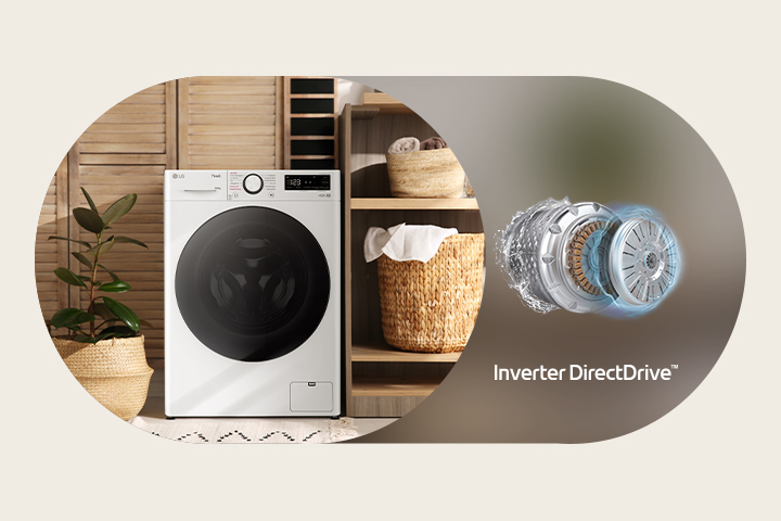 มีเครื่องซักผ้าอยู่ในห้องซักรีด และมีมอเตอร์ Iverter DirectDrive อยู่ข้างๆ