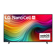 Front view of LG NanoCell TV, NANO81 with text of LG NanoCell, 2024, and webOS Re:New Program logo on screen