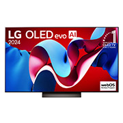 มุมมองด้านหน้าของ LG OLED evo AI TV, OLED C4, 11 ปีของโลโก้ OLED Emblem อันดับ 1 ของโลก และโลโก้โปรแกรม webOS Re:New บนหน้าจอ