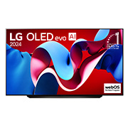 มุมมองด้านหน้าของ LG OLED evo AI TV, OLED C4, สัญลักษณ์ 11 ปีแห่งการเป็น OLED อันดับ 1 ของโลก และโลโก้โปรแกรม webOS Re:New บนหน้าจอ