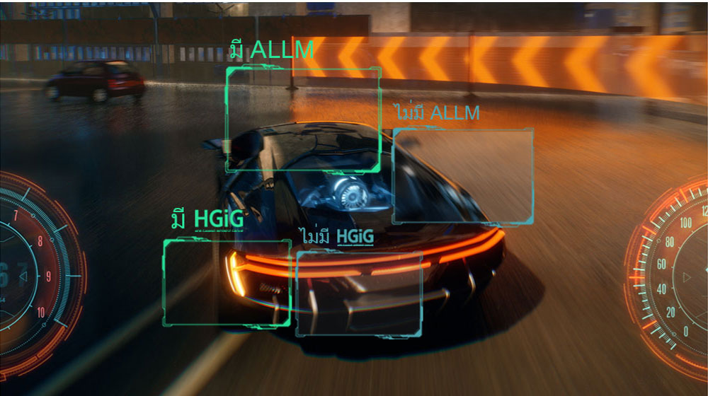 ภาพนิ่งจากเกมแข่งรถที่แสดงคุณภาพของภาพที่ได้รับการปรับปรุงโดย HGIG และ ALLM เมื่อเทียบกับภาพที่ไม่มี
