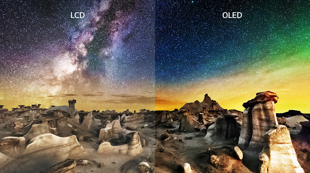 มุมมองแบบเคียงข้างกันของ LCD และ OLED ฝั่ง LCD แสดงคอนทราสต์ต่ำ ส่วนฝั่ง OLED แสดงสีดำเข้ม สีสันสดใส และคอนทราสต์สูงที่ดูเป็นธรรมชาติ