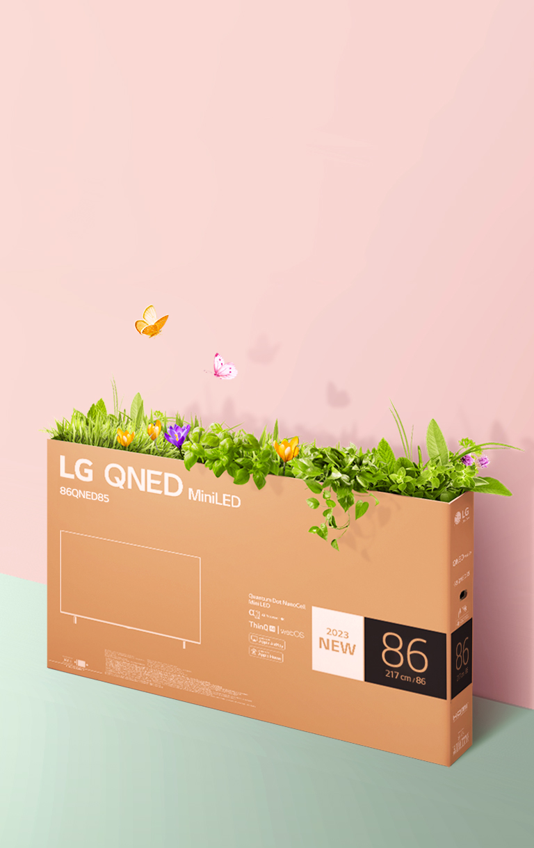 กล่องบรรจุภัณฑ์ของ QNED วางอยู่บนพื้นหลังสีชมพู เขียว และมีหญ้าขึ้นและผีเสื้อออกมาจากข้างใน