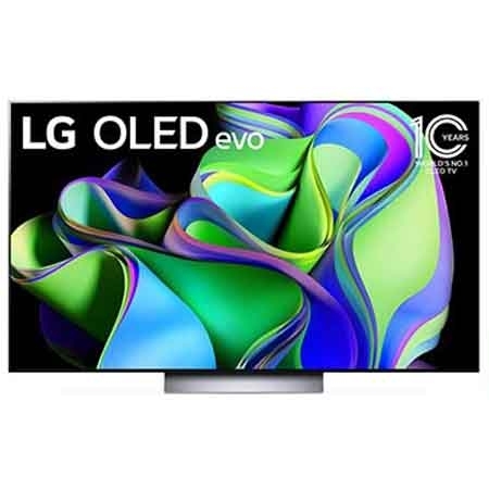 มุมมองด้านหน้าพร้อมด้วย LG OLED evo และสัญลักษณ์ 10 ปี OLED อันดับ 1 ของโลกบนหน้าจอ