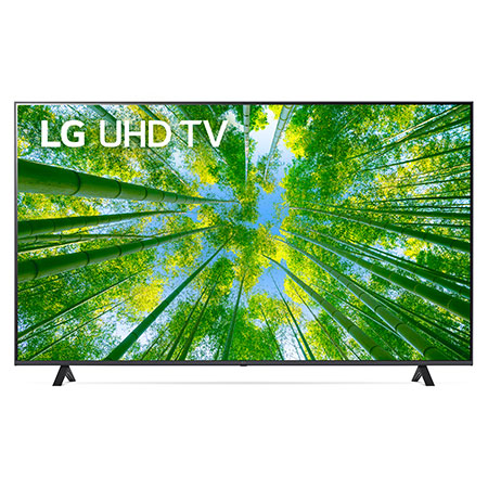 มุมมองด้านหน้าของทีวี LG UHD พร้อมรูปภาพและโลโก้ผลิตภัณฑ์