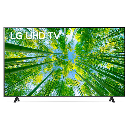 มุมมองด้านหน้าของทีวี LG UHD พร้อมรูปภาพและโลโก้ผลิตภัณฑ์