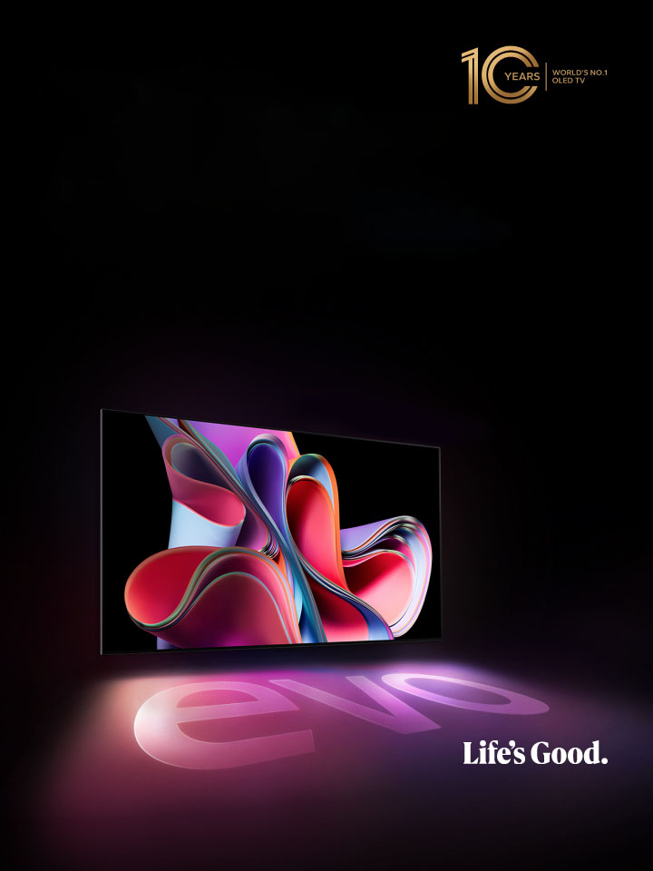 ภาพ LG OLED evo G3 บนผนังอพาร์ทเมนต์ในนิวยอร์กซิตี้ที่ทันสมัยดูแปลกตา โดยที่หน้าจอมีฉากกลางคืนสุดโรแมนติกแสดงอยู่  สัญลักษณ์ทีวี OLED อันดับ 1 ของโลก 10 ปีซ้อน