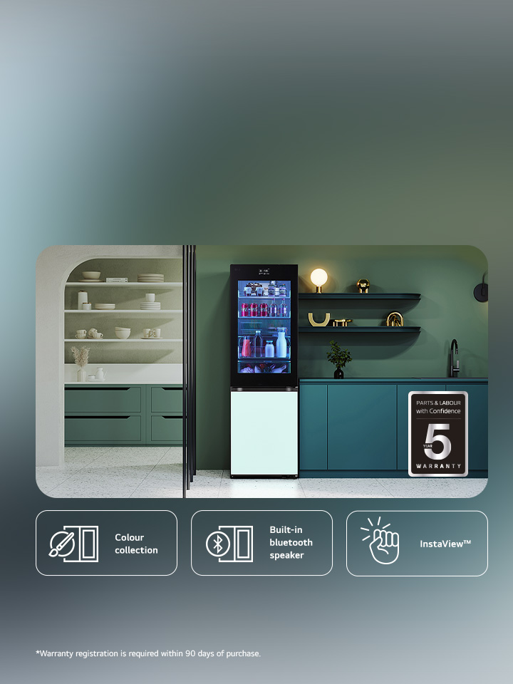 LG MoodUP fridge set to a cool blue colour, in a modern, blue kitchen