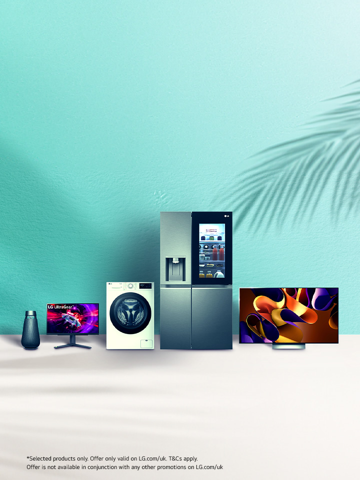 Left to right, LG speaker, monitor, washing machine, fridge freezer and OLED TV with a light blue background