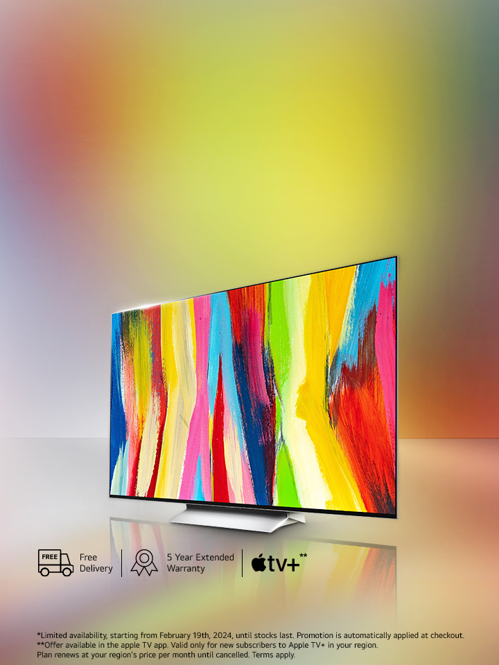 lg oled c2 tv image with apple tv + icon, free delivery icon and 5 year extended warranty icon