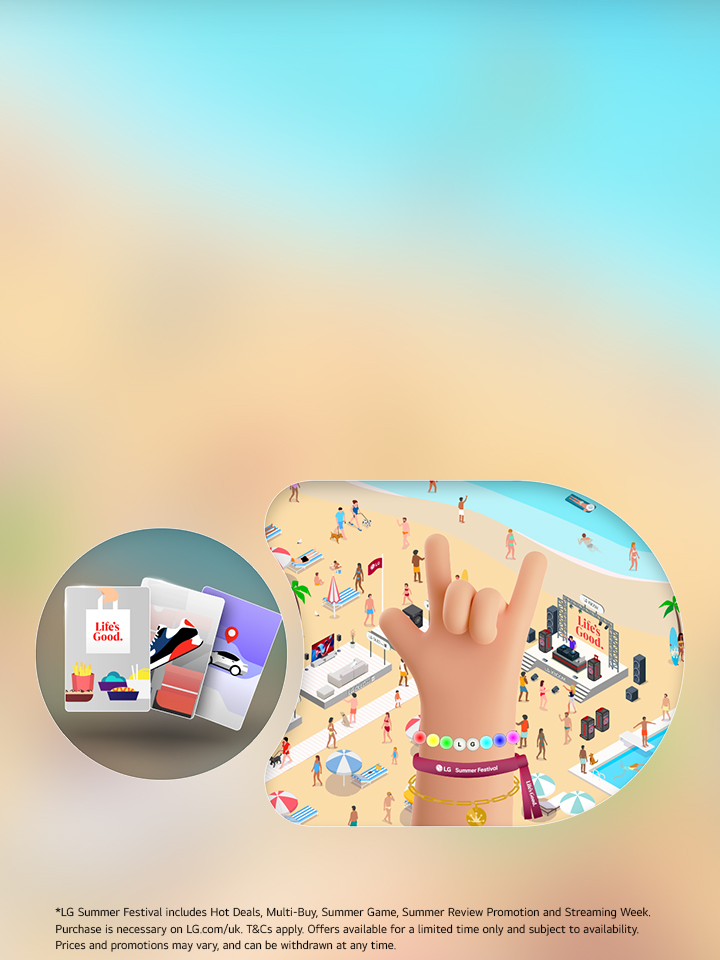 animation of a hand showing the rock symbol over a summer beach background image.