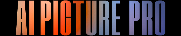 Text reading 'AI PICTURE PRO' in bold, capital letters with a gradient colour scheme ranging from orange on the left to pink and blue on the right, set against a black background.	